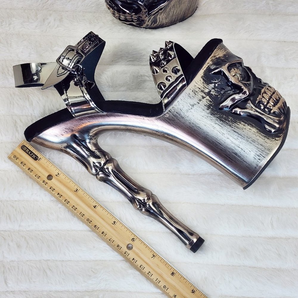 Vortex Pewter Brushed Chrome Skull & Bones Red LED Platform 8" High Heels Shoes - Picture 13 of 15